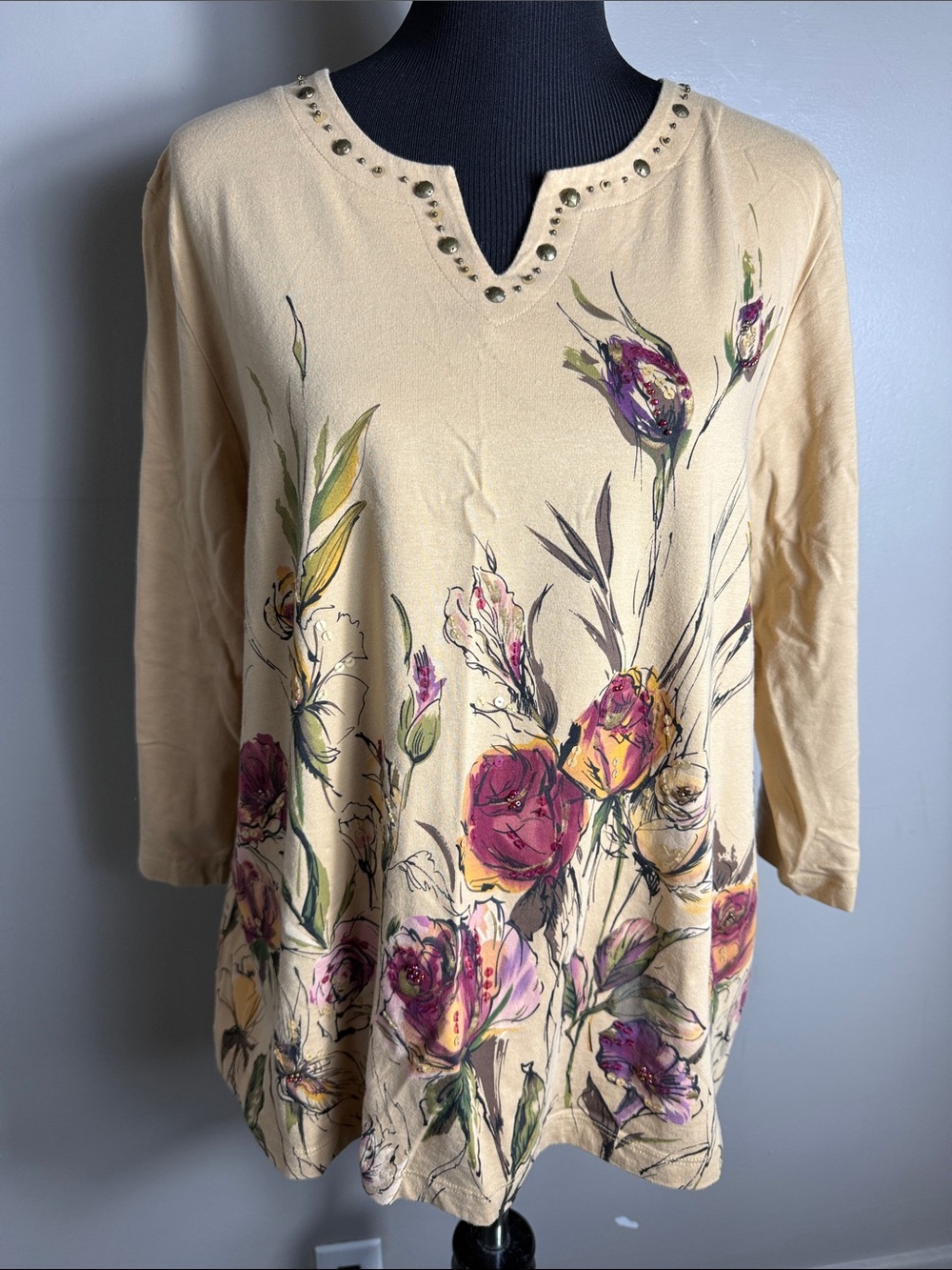 Alfred Dunner Floral Stud-Accent Women’s Tan Top Beads Sequins Sz L
